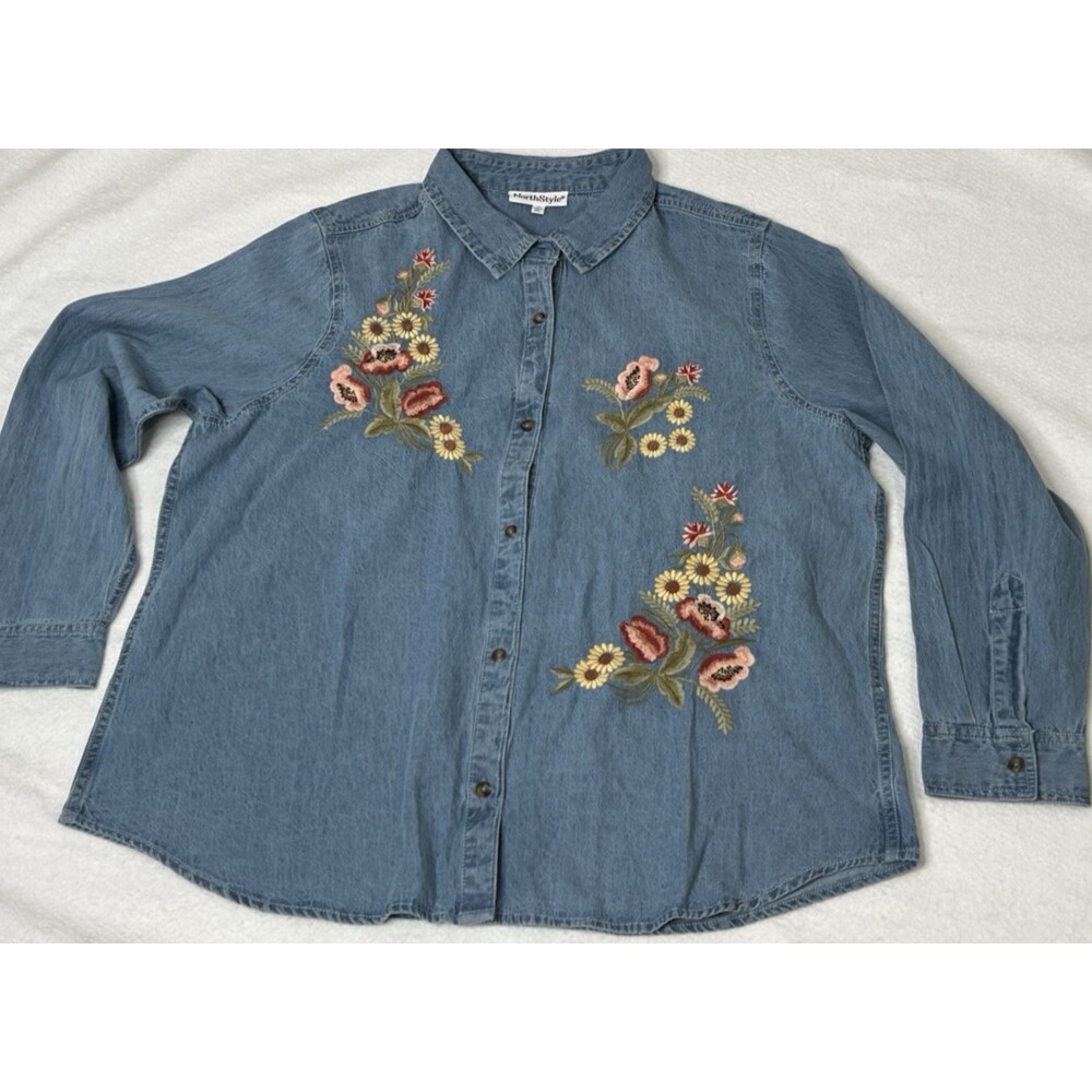 Vintage NORTH STYLE Denim Shirt Embroidered Sunflowers Women's 1X Long Sleeve